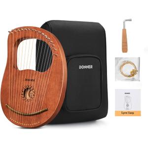 Donner Lyre Harp, 16 Metal Strings, Mahogany Body and Copper Saddle DLH-003 Lyre Harp with Tuning Wrench, Spare String Set, Black Gig Bag, Manual, Ancient Greece Style