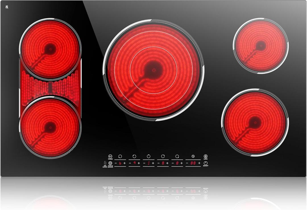 5 Burner Electric Cooktop, 36 Inch Electric Stovetop 9600W, Built-in Ceramic Hob with BBQ Burner, Touch Control, Child Safety Lock, Timer, Pause, 220-240V, Hard Wire, No Plug