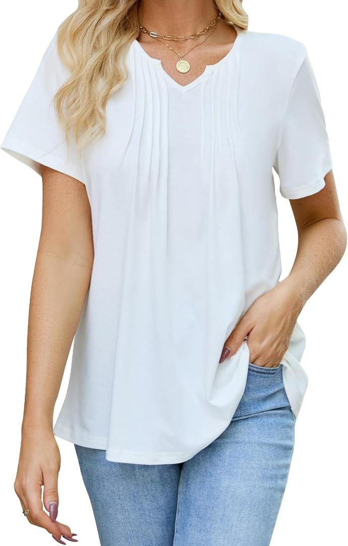 Womens T Shirts Short Sleeve Pleated Dressy Tunic Casual V Neck Summer Tops Blouses Beach Vacation Clothes, M