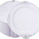 Hioasis 100pcs White Silver Plastic Plates - 10.25" Dinner Plates Disposable, Heavy -duty, Classy and Elegant for Thanksgiving