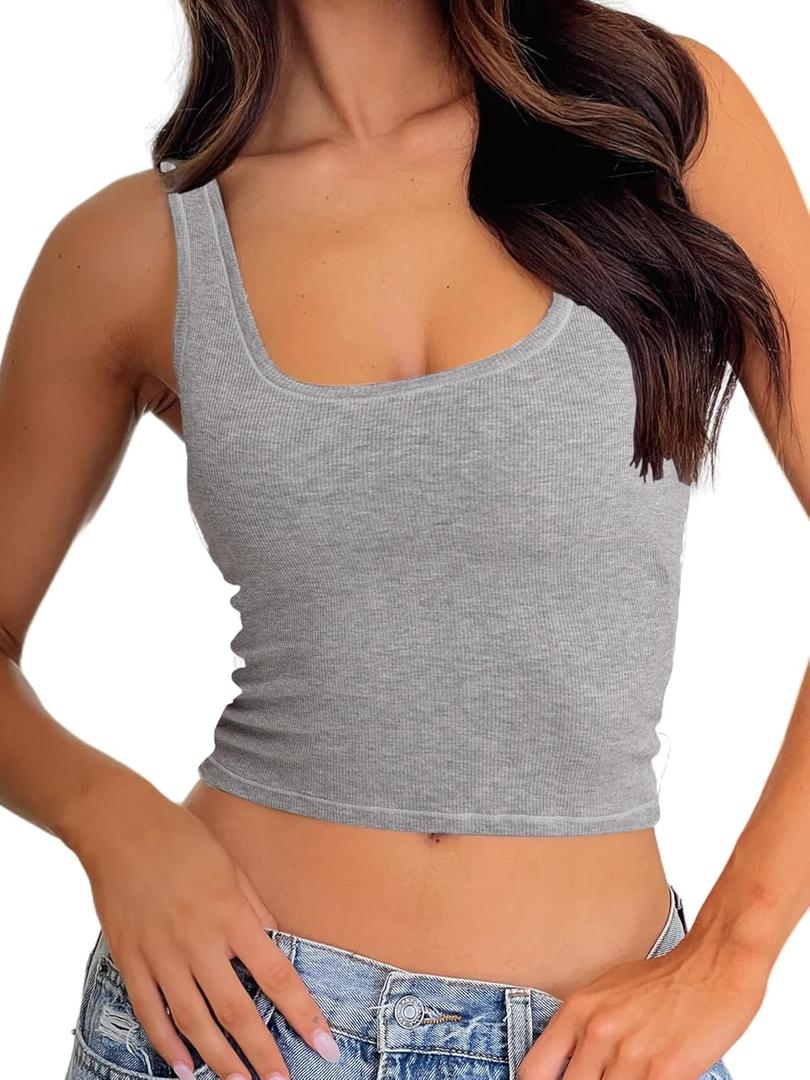 Danysu Women Rib Tank Top Padded Workout Top Square Neck Crop Tank Fitted Basic Cami Tops (Medium, Heather Grey)