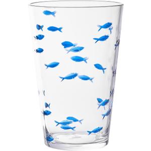 KLIFA- CHARLESTON- 19 oz, Set of 6, Acrylic Fishing Highball, School of Fish Drinking Glasses, BPA-Free, Stackable Plastic Drinkware, Dishwasher Safe Cups, Clear with Dark Blue Printing