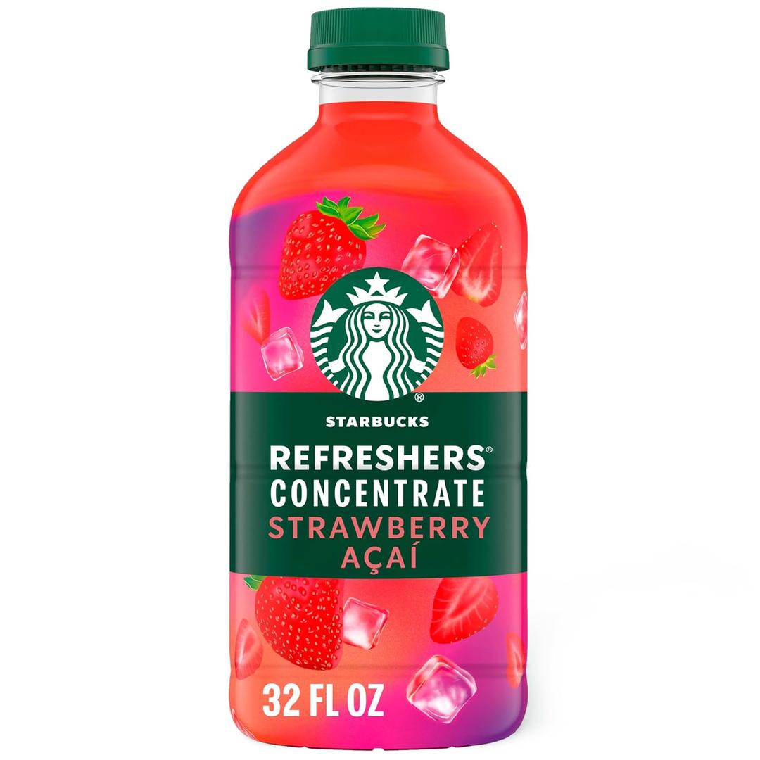 Starbucks Refreshers Concentrate Strawberry Acai, Refreshing Drink, Cold Drinks 32 fl oz (EXP 08/30/26)