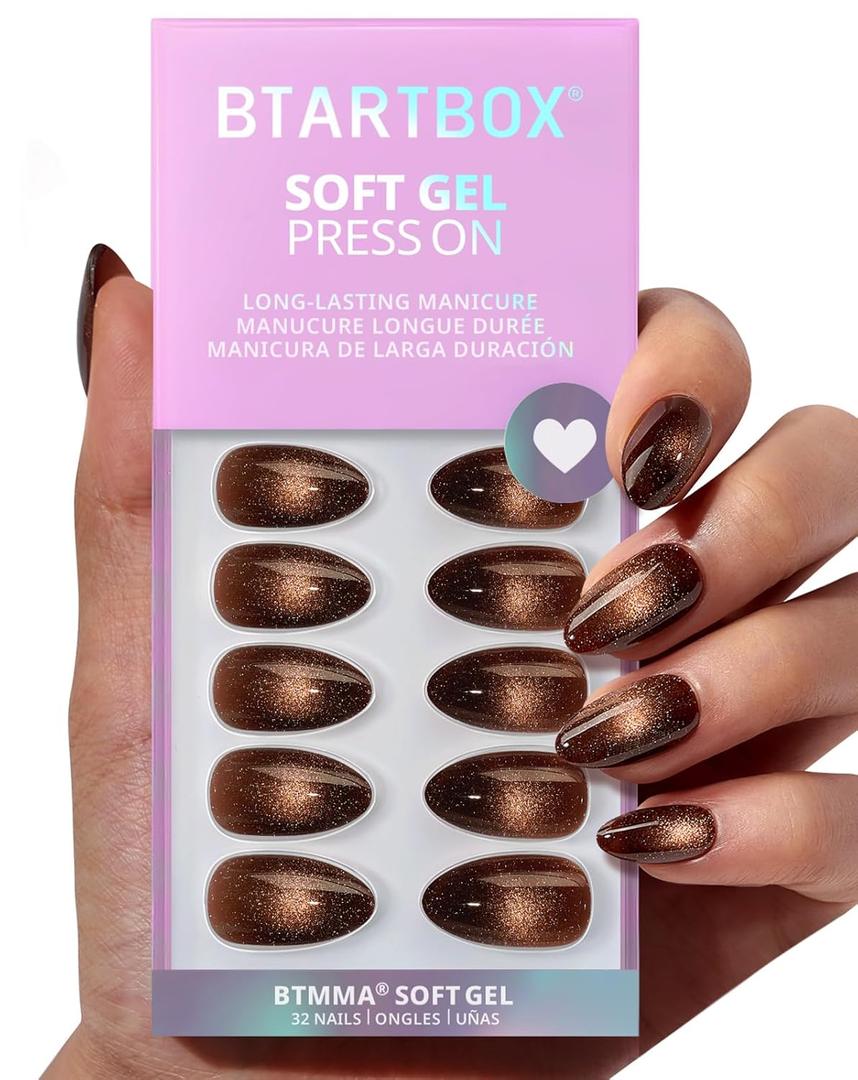 BTArtbox Press On Nails Short - Mocha Hypnotic, Almond Brown Spakly Cat Eye Press On Nails with Glue and Adhesive Tabs for Women, Soft Gel Glue On Nails in 16 Sizes - 32 Stick On Nails Kit