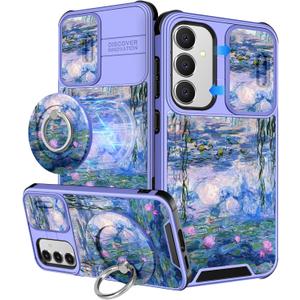 Buleens for Samsung Galaxy S24 FE Case - with Ring Stand & Camera Cover Aesthetic Cute Designed S24FE Case Women Girl Girly Kawaii Blue Water Lily for Samsung S24 FE Phone Case Compatible with Magsafe
