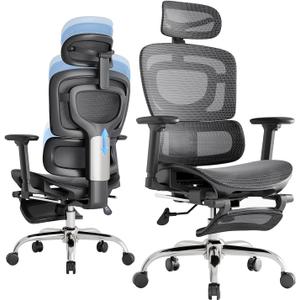 Ergonomic Office Chair, 3-Level Tilt Backrest, Breathable Mesh with Adjustable Lumbar Support, 3D Headrest and Armrests, Retractable Footrest, Grey