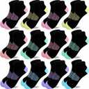 JAMEGIO 12 Pairs Girls Ankle Socks - Running, Athletic, Low Cut Socks for Little to Big Girls (5-7 Years, 12 Pairs Black(6 Colors))