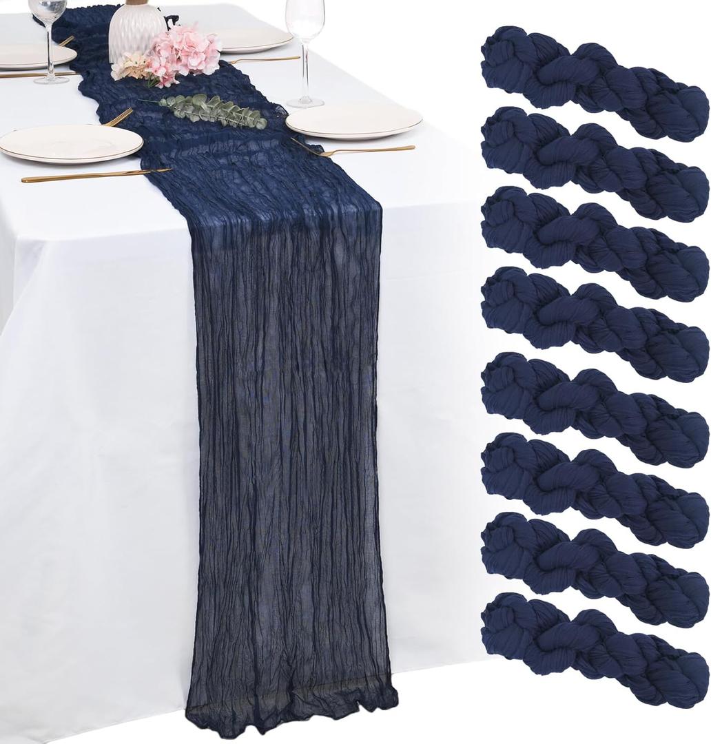 8 Pack Navy Blue Cheesecloth Table Runners 21x120 Inch Boho Gauze Table Runner 10FT Long Rustic Sheer Navy Table Runner for Baby Shower,Wedding,Party,Birthday,Home Table Decor