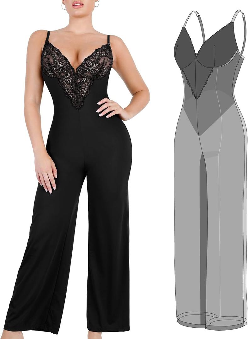 Popilush Lace Shapewear Jumpsuit for Women Built In Shapewear Backless V Neck Flare leggings Spaghetti Straps Wide Leg Romper (Black, M)