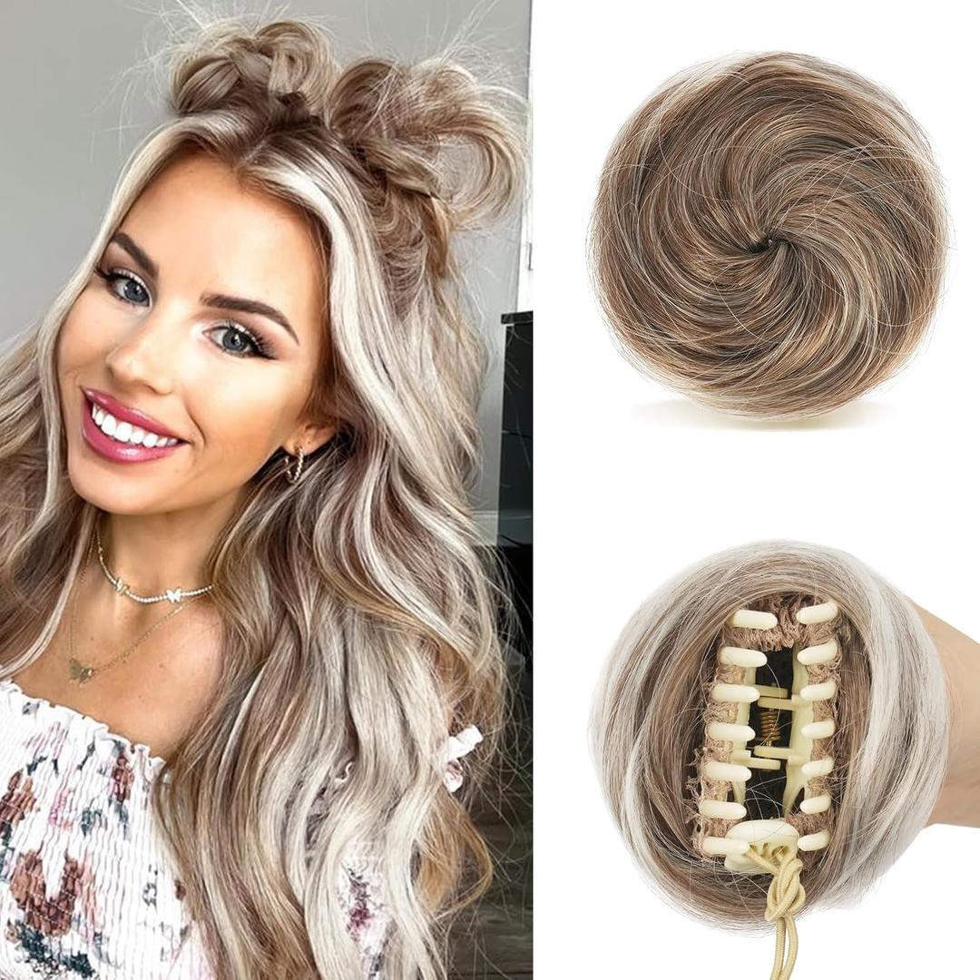SOFEIYAN 2PCS Mini Claw Clip in Hair Bun Messy Cat Ears Hair Bun Extension Synthetic Donut Wig Accessory Updo Space Bun Hair Pieces for Women Girls (12T60#)