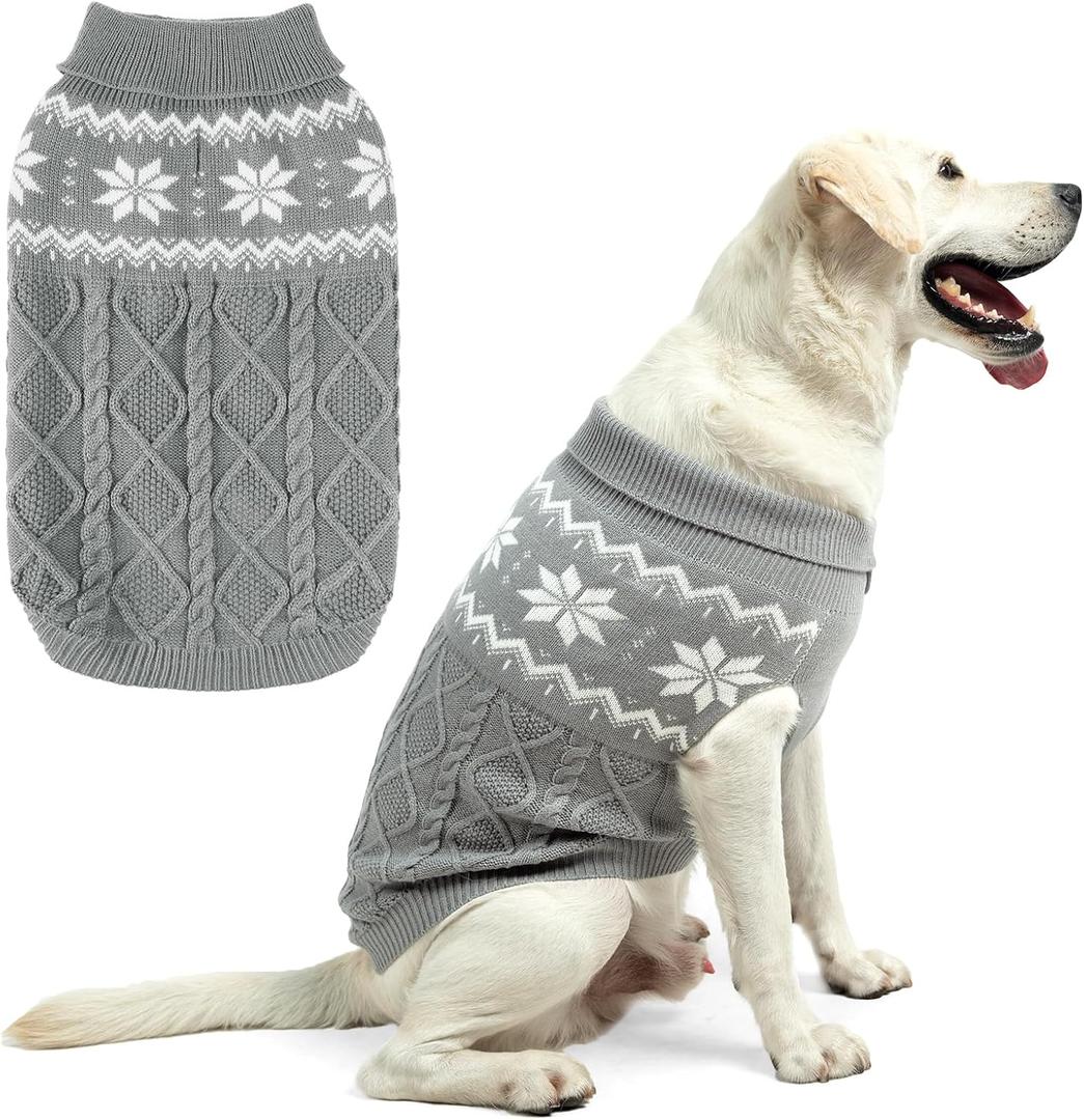 Warm Winter Dog Sweater - Cold Weather Pet Clothes for Small Medium Large Dogs Indoor Outdoor, Soft Classic Knit Puppy Apparel, Grey, L