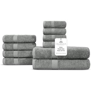 100% Combed Cotton Bathroom Towel Set of 10- 2 Bath Towels, 4 Hand Towels, 4 Wash Cloths, Sustainable, Soft, Highly Absorbent 10 Piece Cotton Bath Towel Set Ideal for Hotels, Spa, Bathroom, Dorm, Grey