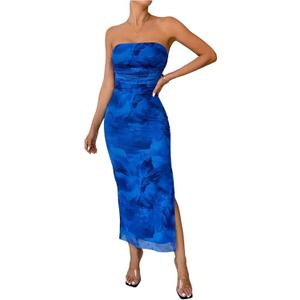 GORGLITTER Women's Floral Strapless Bodycon Wedding Guest Dress Vacation Summer Birthday Tropical Maxi Long Sun Dresses (Blue, M)