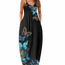 Sleeveless Sundress Flowy Party Maxi Dress Adjustable Spaghetti Straps Dress for Daily Wear Work Coffee Shopping, Fall Outings Maternity Gender Reveal Soft Lightweight Butterfly Black XX-Large