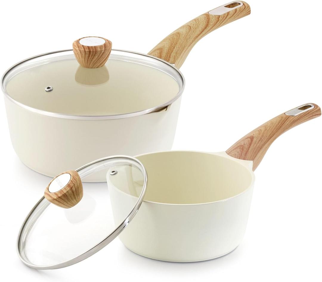 SENSARTE 2.0 & 3.0 Quart Ceramic Sauce Pan Sets with Lid, Cooking Pots Set, Nonstick Saucepan Set with Pour Spout, Small Kitchen Pot, Non toxic Saucepot, Induction Compatible, Ceramic White, PFOA PTFE PFAS Free