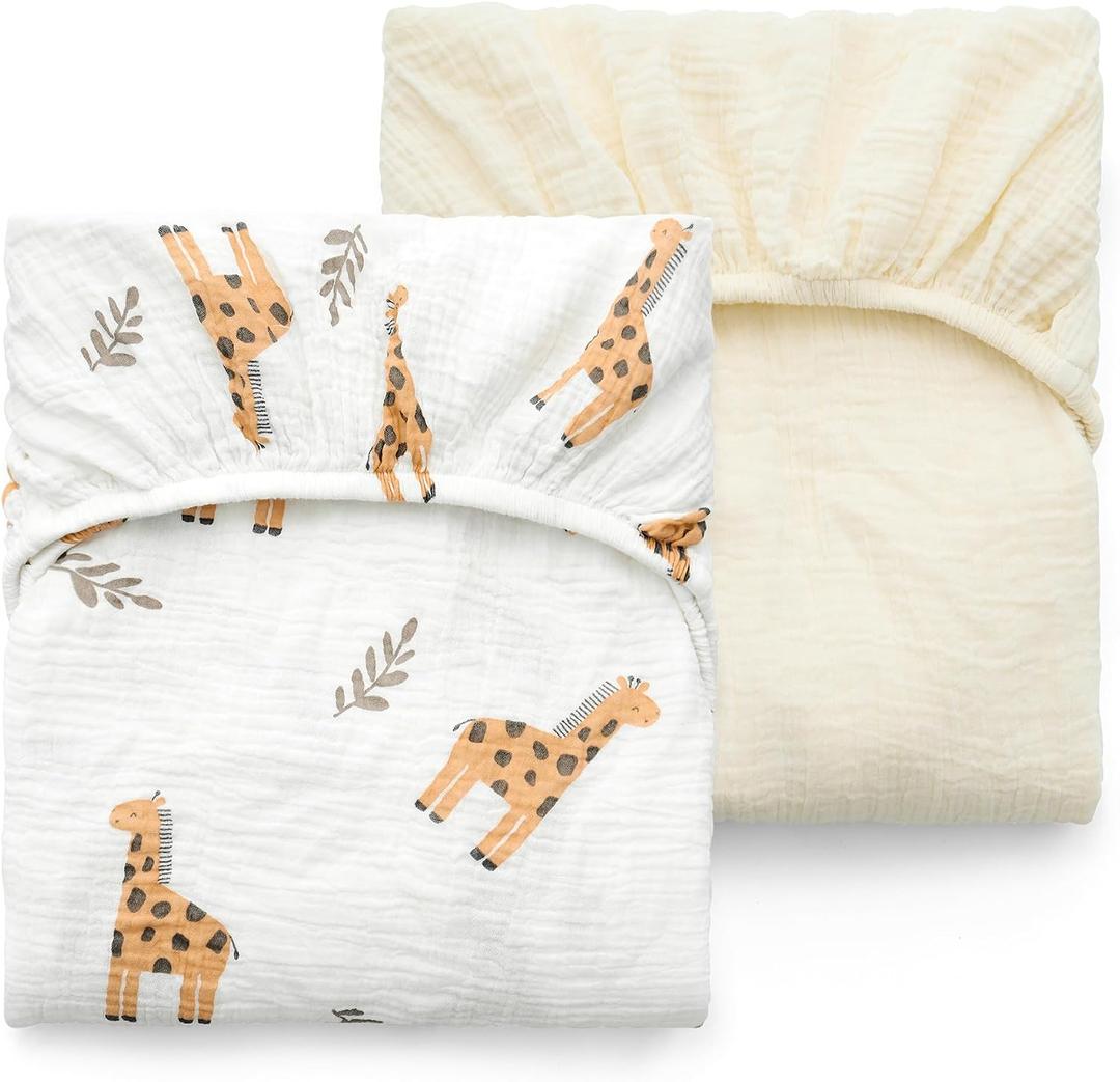Momcozy Muslin Standard Fitted Crib Sheets, 52"x28", 2 Pack Soft Breathable Natural Cotton Baby Mattress Sheet, 360 Mattress Wrapping No Slip Boys Girls Neutral Toddler Bed Sheet, Bravery Giraffe