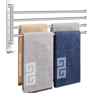 NearMoon Swivel Towel Rack, 19.5" Thicken 304 Stainless Steel 4-Arm Towel Bar, Space Saving Wall Mounted Towel Holder with Hook, Rustproof Swing Out Towel Hanger for Bathroom, Kitchen (Chrome Finish)