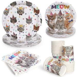 Cat Birthday Paper Plates Pet Party Plates and Napkins Cups Cat Pattern Disposable Tableware Set for 96pcs 24 Guest Baby Shower Tea Kids Birthday Party Supplies Decoration