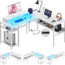 Unikito Reversible L Shaped Computer Desk with Power Outlets and Monitor Stand, Sturdy Corner Desk with RGB LED Light and Storage Shelves, Modern Work Desk for Home Office, Easy to Assemble, White