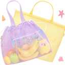 Tagitary Beach Toys Kids Beach Bag Tote with Drawstring,Yellow Purple Mesh Bag Travel Beach Essentials for Kids Swim Pool Gym Bag Camping Accessories Toys Storage Lightweight Foldable Birthday Gifts