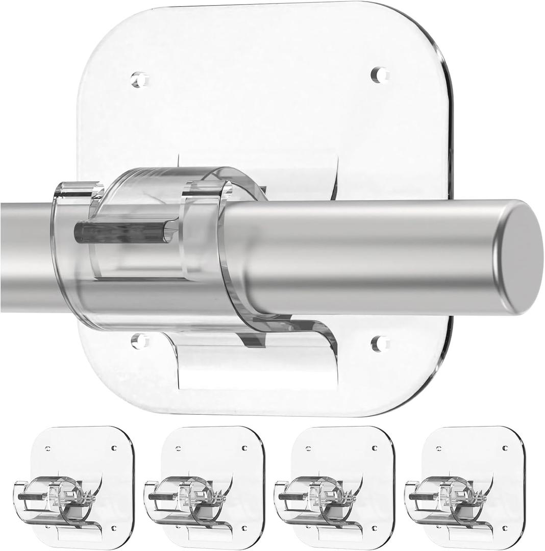 No Drill Curtain Rods for Windows  Renter Friendly, Self-Adhesive Curtain Rod Holder Easy Install, Adjustable Brackets, Supports Up to 20 Pounds, Perfect for Kitchen, Bedroom, and Bathroom (Transparent)