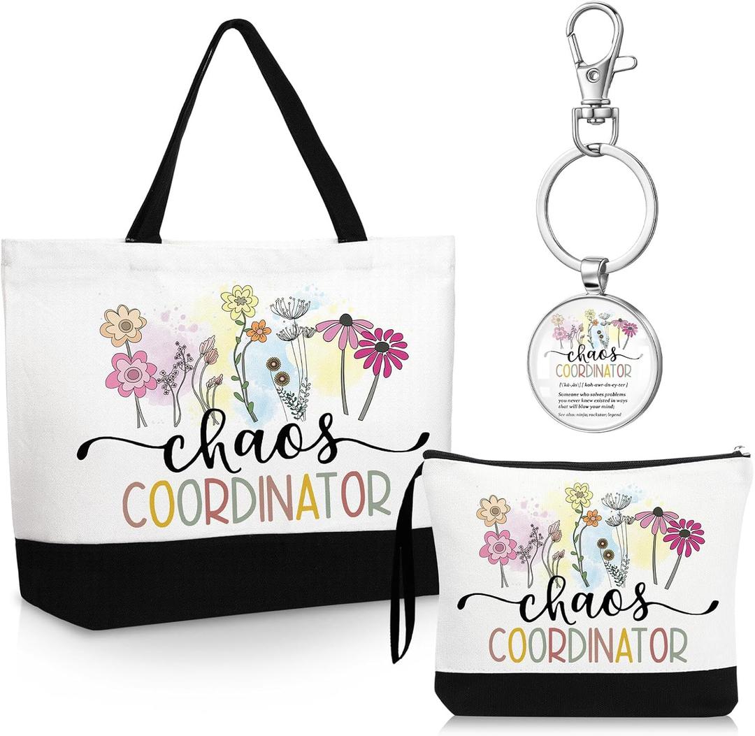 Kacctyen Employee Thank You Gifts Sets Canvas Tote Bag Makeup Cosmetic Bag Appreciation Keychains for Coworker Staff Women(Chaos)