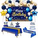 Birthday Decorations Navy Blue Gold - Happy Birthday Banner, Sash, Balloons, Tablecloth, Cake Topper, Candles,Table Decorations - 35pcs Party Decor for Men and Boys