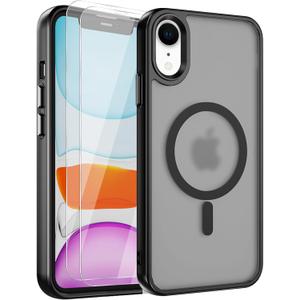 2 x Strong Magnetic for iPhone XR Phone Case [Compatible with MagSafe] [with 2X Screen Protectors] Military-Grade Protection, Slim Translucent Matte Bumper Cover for iPhone XR 6.1", Dark Black