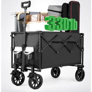 Quindom Collapsible Folding Wagon,Outdoor Camping Cart with 360-degree Universal Wheels,Beach Cart Large 150L Capacity & 330LBS Load for Sports, Shopping, Gardening,Camping(Black)