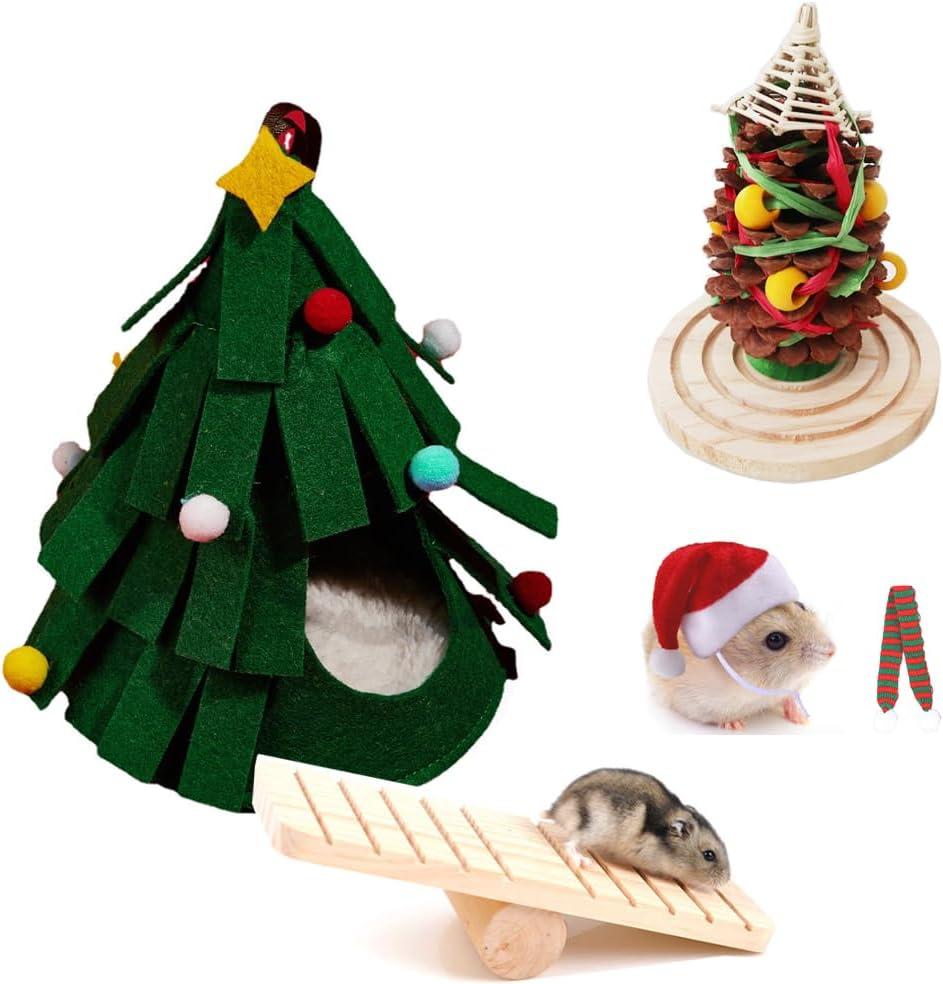 GreenJoy 5 Pcs Hamster Set Chew Toys Tree Wooden Seesaw Habitat Dcor Cloth Christmas Hat for Small Animal Chinchillas, Bunny,Mice,Rats,Mouse (Christmas Set)