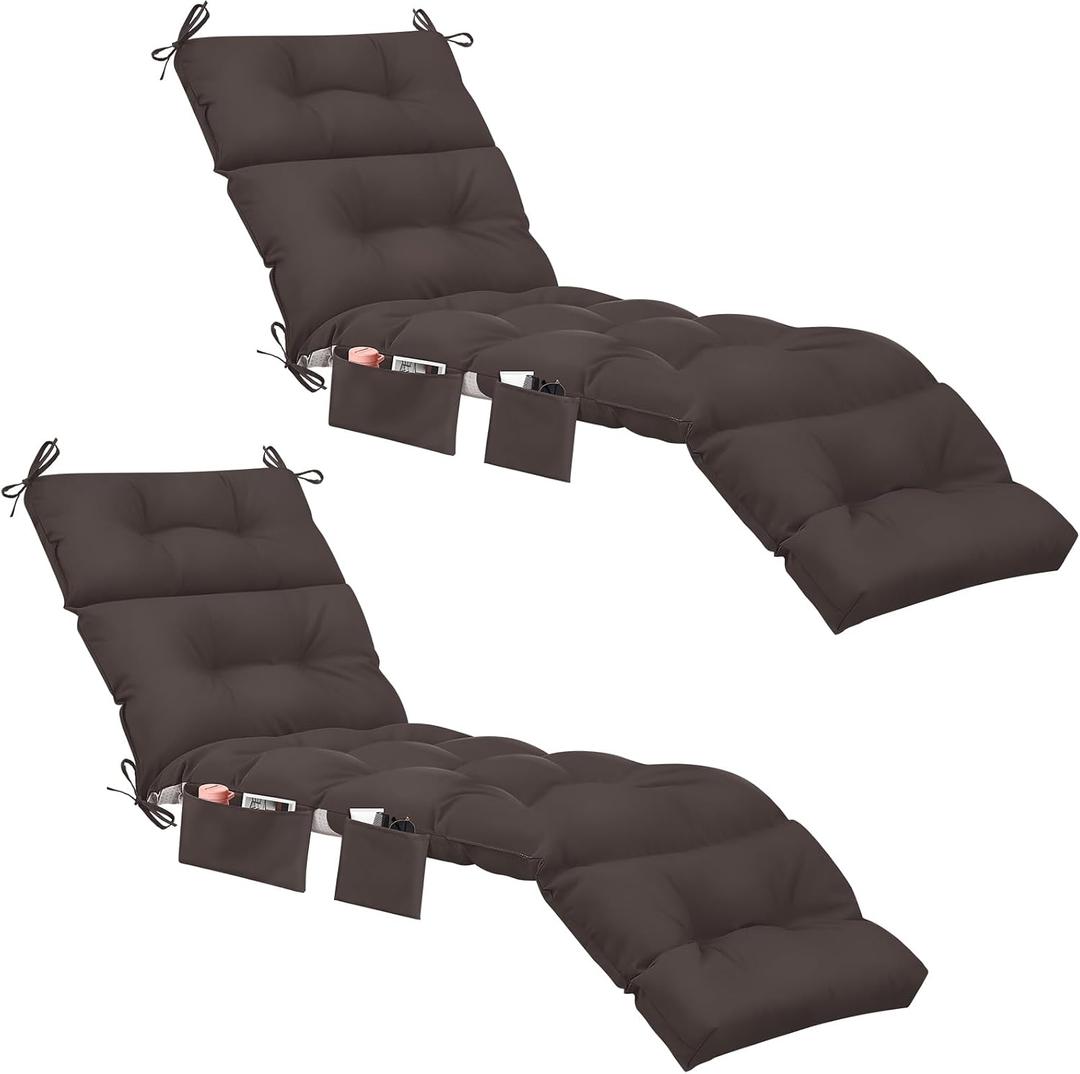 Kigley Outdoor Chaise Lounge Cushions with 3 Side Pocket 74.5 x 22 x 4.7 Inch Patio Chaise Lounge Cushion, Water-Repellent and Fade-Resistant Tufted Summer Replacement(2 Pcs,Dark Brown,Solid Color)