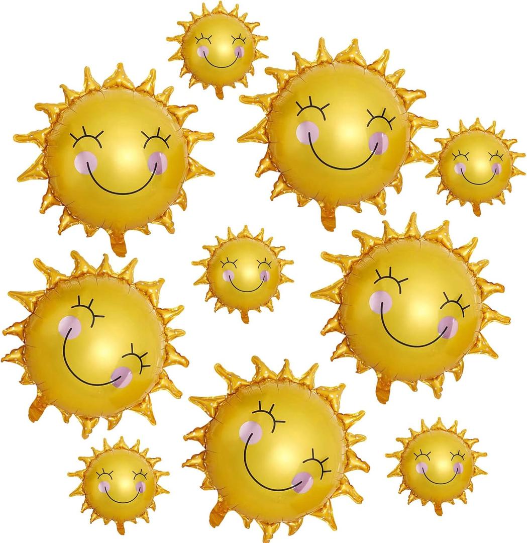 10PCS Sun Smil Foil Balloons Sunshin Aluminum Balloon Gold Summer Sun Helium Mylar Party Balloons for Birthday Wedding Baby Shower Decoration