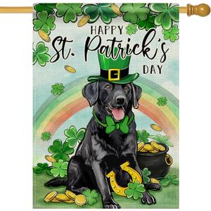Happy St Patricks Day Black Labrador Dog Decorative House Flag, Pet Lucky Shamrock Clover Garden Yard Outside Decorations, Irish Spring Burlap Outdoor Large Home Decor Double Sided 28 x 40