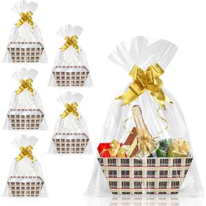 DEAYOU 6 Pack Baskets for Gifts Empty, 10" x 8" Sturdy Cardboard Market Tray with Handle, Paper Gift Baskets Kit To Fill with Wrap Bags and Gold Pull Bows for Easter, Christmas, Birthday, Black Plaid