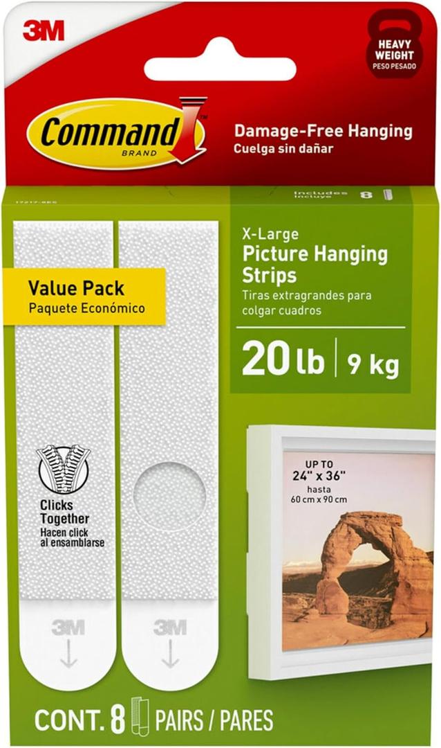 Command 20 Lb XL Heavyweight Picture Hanging Strips, Damage Free Hanging Picture Hangers, Heavy Duty Wall Hanging Strips for Living Spaces, 8 White Adhesive Strip Pairs