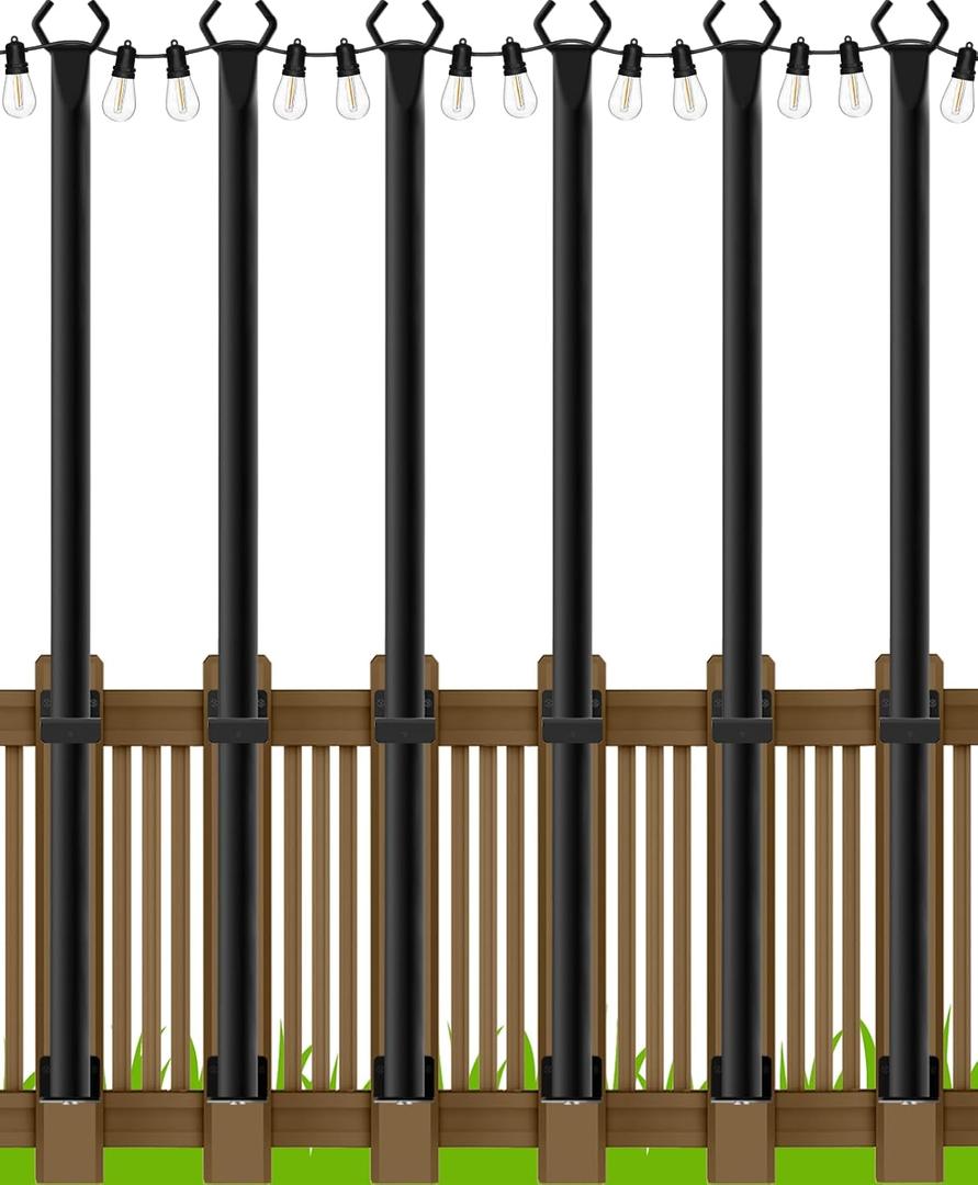 AHRLHR 5 Ft String Light Poles 6 Pack, String Light Poles for Outside with Fixing Clips,Hanging Light Poles for Deck Fence Garden Backyard Wall Bistro,Metal Poles for Outdoor String Lights