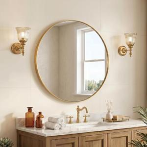 ANDY STAR Round Gold Mirror, 28 Inch Brass Round Mirror, Brushed Brass Bathroom Mirrors for Over Sink, Decorative Wall Mirrors, 1 Inch Deep Set Design, Ideal for Home Remodel, Hanging or Leaning