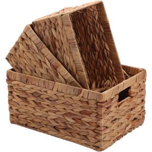 Storage Baskets,Woven Natural Water hyacinth Box with Handle,Kingwillow.(Set of 3)