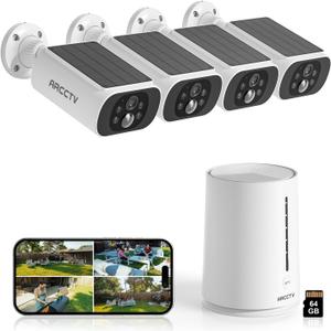 Solar Security Cameras Wireless Outdoor, No Monthly Fee, 4-Camera Bullet Home Security System with Base Station, 2K Video, Local Storage, PIR Motion Alerts, Color Night Vision, Active Siren