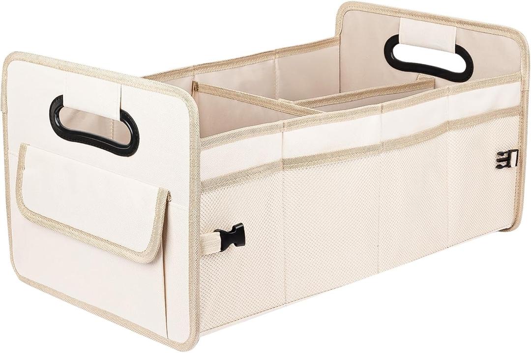 JiatuA Car Trunk Organizer, Car Organizers and Storage Collapsible Multi Compartment Container Box, Adjustable Car Accessories for SUV Sedan Truck, Standard Size, Beige