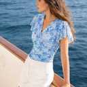 GRACE KARIN 2026 Womens Mesh Tops Summer Ruffle Sleeve Dressy Casual Top Floral Wrap Blouse Fashion Outfits (Blue, L)