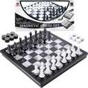 2-in-1 Chess Set and Magnetic Checkers Set - Foldable 13-inch Travel Board Game, Durable Plastic, Puzzle and Strategy Toys for Kids and Adults (Black and White)