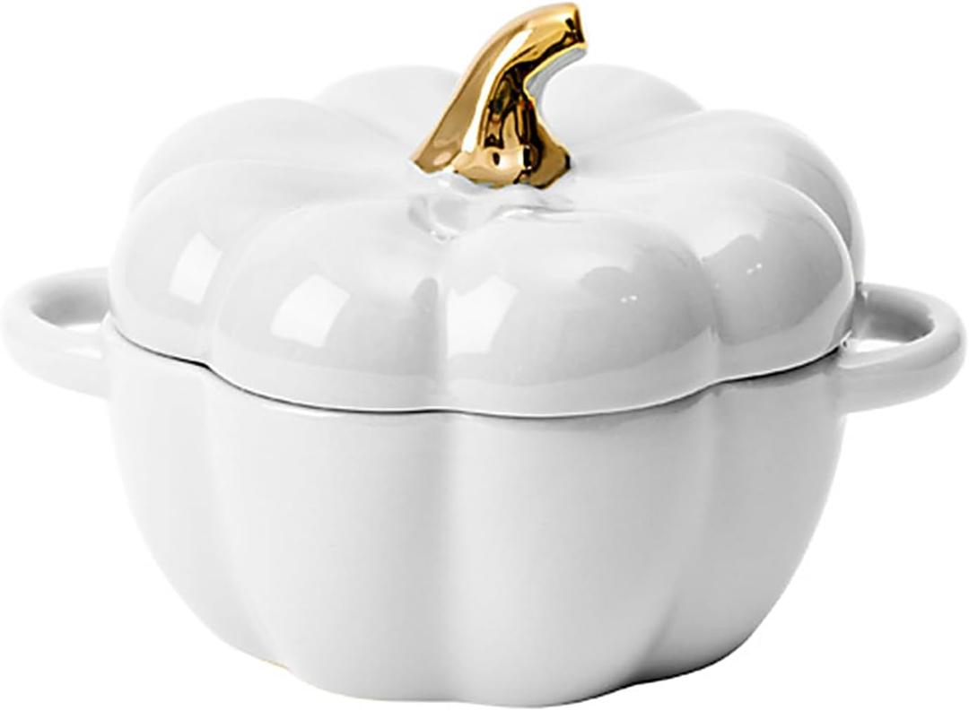 Dutch Oven Pot with Lid, Pumpkin Pottery Dessert Saucepan, Mini Baking Dish Cute Pumpkin Bowl, Covered Dutch Oven Ceramic Stockpot, White
