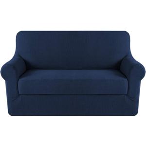 Couch Cover High Stretch 2 Piece Sofa Cover Furniture Protector Perfect Fit Durable Spandex Stretch Jacquard Fabric Super Soft Slipcover,2 Seater,Navy