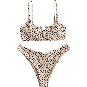 ZAFUL Women's Leopard Bikini Set V Wired Animal Print Ribbed Colorblock Swimsuit High Cut Two Piece Swimwear (Yellow&black), Size S