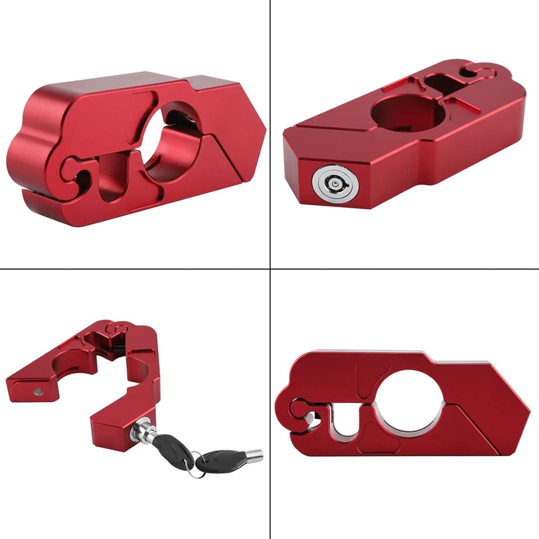 ARDKOP Motorcycle Grip Handlebar Lock, Universal Heavy Duty CNC Aluminium Alloy Motorcycle Handlebar Brake Lever Lock Vehicle Security with 2 Keys for Motorbike Electric Motor Car (Red)(Gold)