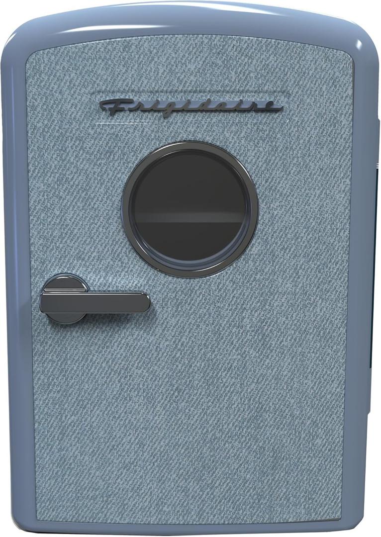 Frigidaire Mini Personal Fridge Cooler, 1 Gal Capacity fits 9 Cans, Includes Plugs for Home Outlet & DC Charger - 9.84" D x 7.09" W x 10.35" H, Light Washed Denim Fabric Door