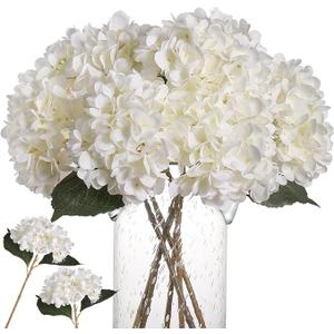 White Hydrangea Artificial Flowers, 6Pcs Faux Hydrangea Bouquet with Head, Silk Fake Flowers with Stems for Vase, Wedding Bouquet, Home Decor, DIY, Baby Shower, Centerpieces Tables Decoration
