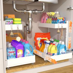 TATAANTY Under Sink Organizer 2 Pack, 2 Tier Metal Under the Sink Storage, Heavy Duty Slide out Pull out Cabinet Organizer, Height Adjustable for for Kitchen Bathroom Pantry Closet Organization Rack