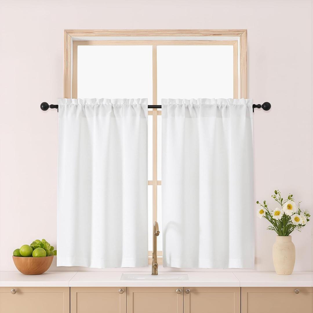 Gwine White Kitchen Curtains 36 Inch Length 2 Panels, Light Filtering Textured Short Half Window Cafe Curtains, Modern Soft Small Window Drapes for Bathroom Basement Bedroom, 30Wx36L inch, 2PCS